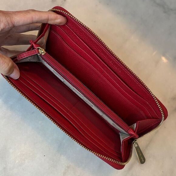 Michael Kors Wallet Leather Pebbled Red Jet Set Continental Full Zip Wallet - Picture 13 of 16